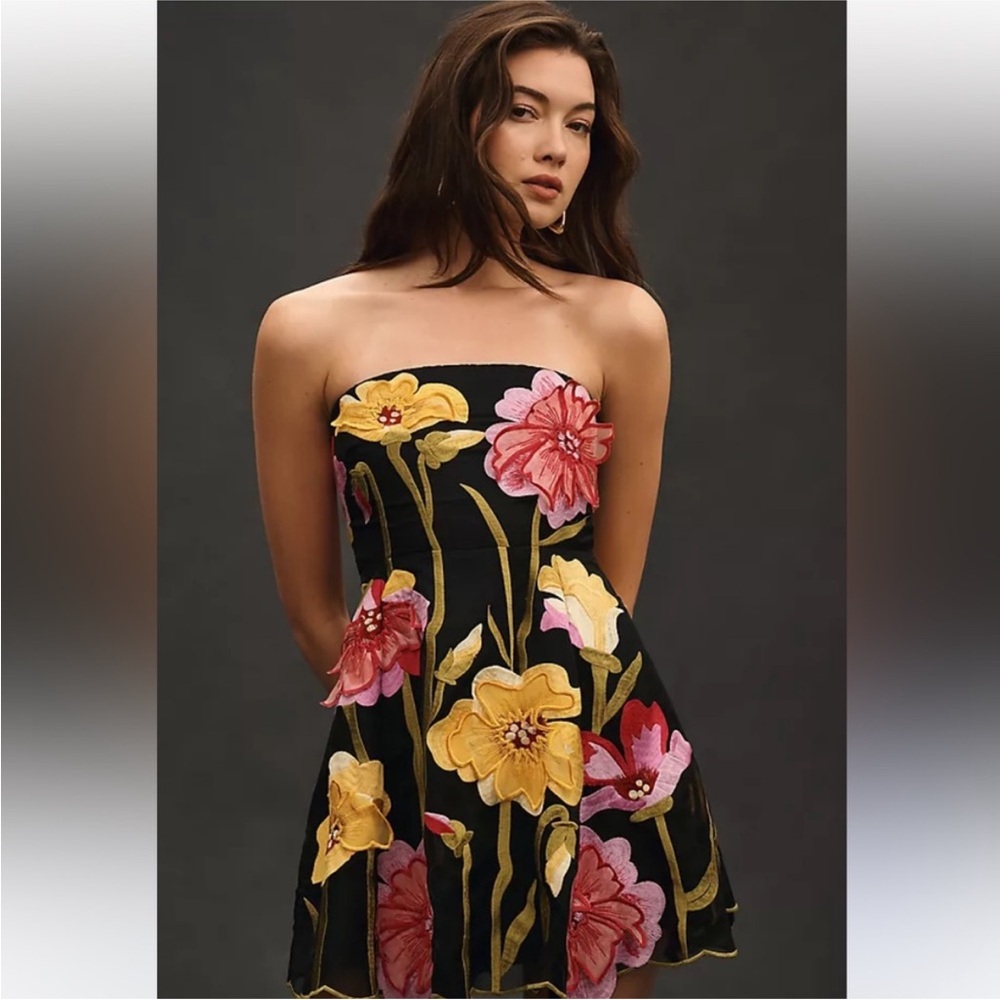 Anthropologie Black Strapless Mini Dress with Pink & Yellow Floral Appliqué - Picture 2 of 5